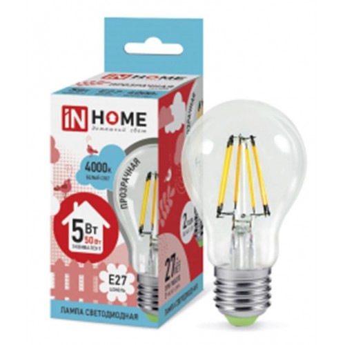 Лампа светодиодная LED-A60-deco 5Вт 230В Е27 4000К 450Лм прозрачная IN HOME фото 1