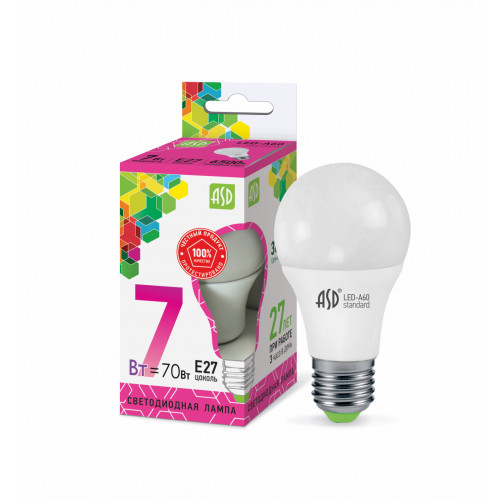 Лампа светодиодная LED-A60-standard 7Вт 230В Е27 6500К 630Лм ASD фото 1