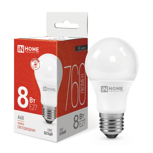 Лампа светодиодная LED-A60-VC 8Вт 230В Е27 4000К 760Лм IN HOME фото 1