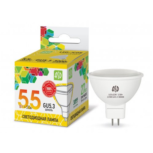 Лампа светодиодная LED-JCDR-standard 5.5Вт 230В GU5.3 3000К 495Лм ASD фото 1