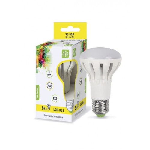 Лампа светодиодная LED-R63-standard 8Вт 230В Е27 3000К 720Лм ASD фото 1