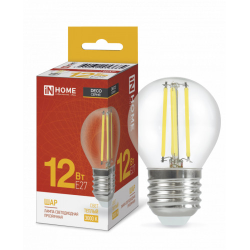 Лампа светодиодная LED-ШАР-deco 12Вт 230В Е27 3000К 1350Лм прозрачная IN HOME фото 1