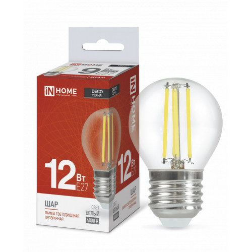 Лампа светодиодная LED-ШАР-deco 12Вт 230В Е27 4000К 1350Лм прозрачная IN HOME