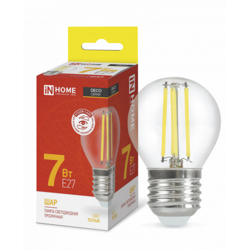 Лампа светодиодная LED-ШАР-deco 7Вт 230В Е27 3000К 810Лм прозрачная IN HOME фото 1
