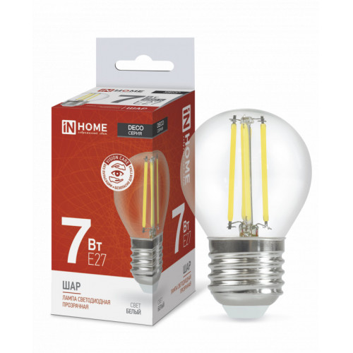 Лампа светодиодная LED-ШАР-deco 7Вт 230В Е27 4000К 810Лм прозрачная IN HOME фото 1