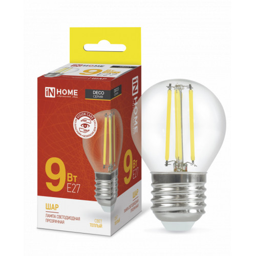 Лампа светодиодная LED-ШАР-deco 9Вт 230В Е27 3000К 1040Лм прозрачная IN HOME фото 1