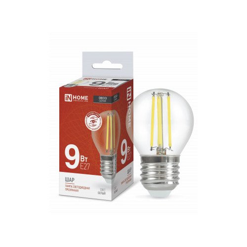 Лампа светодиодная LED-ШАР-deco 9Вт 230В Е27 4000К 1040Лм прозрачная IN HOME фото 1