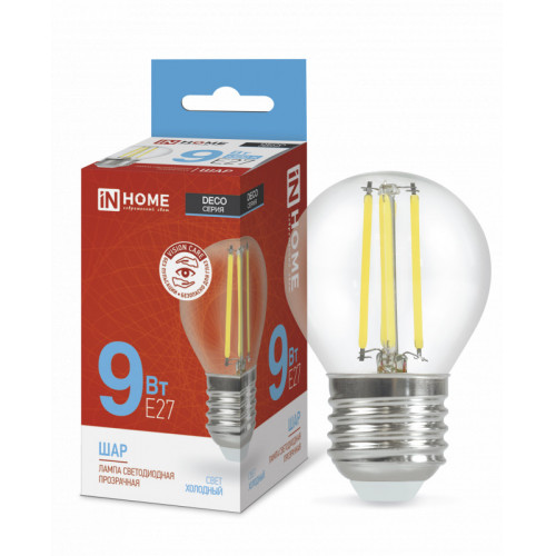 Лампа светодиодная LED-ШАР-deco 9Вт 230В Е27 6500К 1040Лм прозрачная IN HOME фото 1