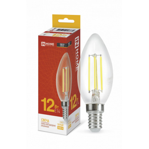 Лампа светодиодная LED-СВЕЧА-deco 12Вт 230В Е14 3000К 1350Лм прозрачная IN HOME фото 1
