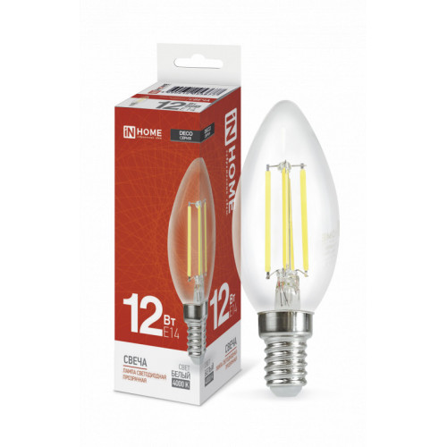Лампа светодиодная LED-СВЕЧА-deco 12Вт 230В Е14 4000К 1350Лм прозрачная IN HOME