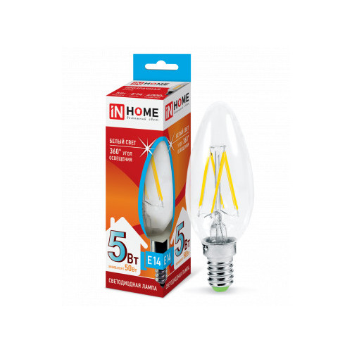 Лампа светодиодная LED-СВЕЧА-deco 5Вт 230В Е14 4000К 450Лм прозрачная IN HOME фото 1