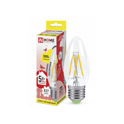 Лампа светодиодная LED-СВЕЧА-deco 5Вт 230В Е27 3000К 450Лм прозрачная IN HOME фото 1