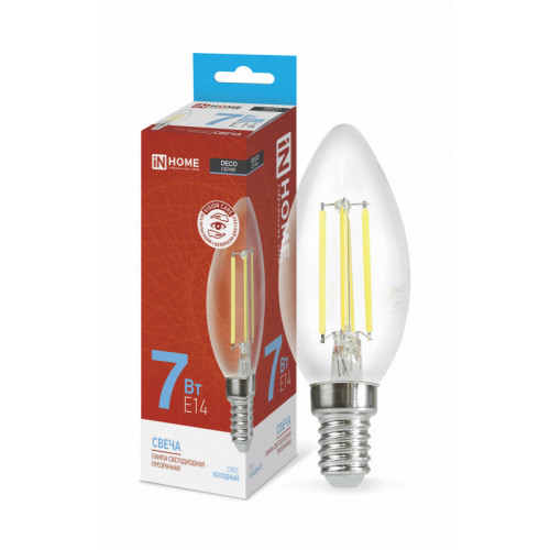 Лампа светодиодная LED-СВЕЧА-deco 7Вт 230В Е14 6500К 810Лм прозрачная IN HOME фото 1