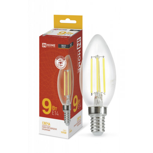 Лампа светодиодная LED-СВЕЧА-deco 9Вт 230В Е14 3000К 1040Лм прозрачная IN HOME фото 1