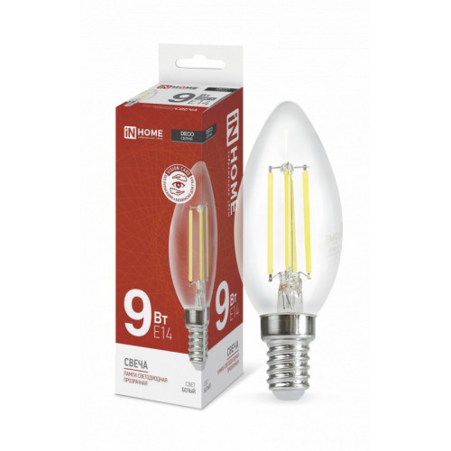 Лампа светодиодная LED-СВЕЧА-deco 9Вт 230В Е14 4000К 1040Лм прозрачная IN HOME фото 1