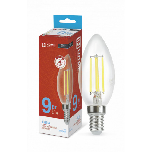 Лампа светодиодная LED-СВЕЧА-deco 9Вт 230В Е14 6500К 1040Лм прозрачная IN HOME фото 1