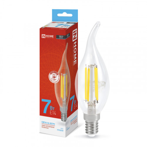 Лампа светодиодная LED-СВЕЧА НА ВЕТРУ-deco 7Вт 230В Е14 6500К 810Лм прозрачная IN HOME