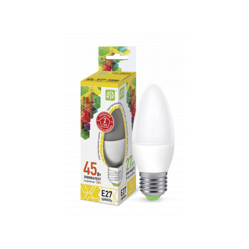 Лампа светодиодная LED-СВЕЧА-standard 5Вт 230В Е27 3000К 450Лм ASD фото 1