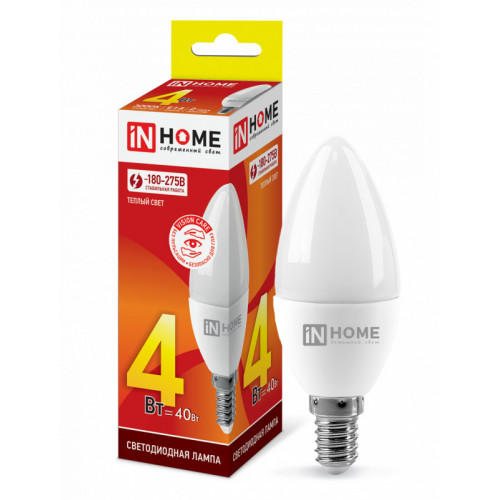 Лампа светодиодная LED-СВЕЧА-VC 4Вт 230В Е14 3000К 360Лм IN HOME фото 1
