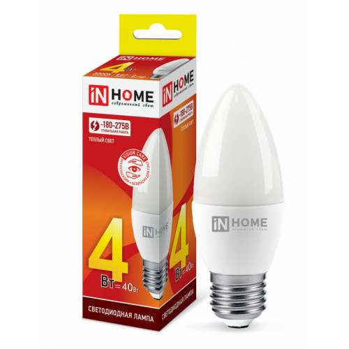 Лампа светодиодная LED-СВЕЧА-VC 4Вт 230В Е27 3000К 360Лм IN HOME фото 1