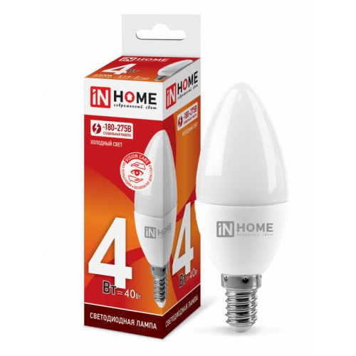 Лампа светодиодная LED-СВЕЧА-VC 4Вт 230В Е27 6500К 360Лм IN HOME фото 1