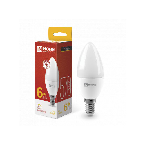 Лампа светодиодная LED-СВЕЧА-VC 6Вт 230В Е14 3000К 570Лм IN HOME фото 1
