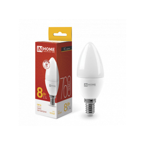 Лампа светодиодная LED-СВЕЧА-VC 8Вт 230В Е14 3000К 760Лм IN HOME фото 1
