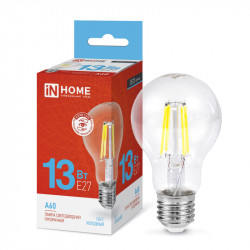 Лампа светодиодная LED-A60-deco 13Вт 230В Е27 6500К 1370Лм прозрачная IN HOME