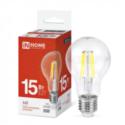 Лампа светодиодная LED-A60-deco 15Вт 230В Е27 4000К 1480Лм прозрачная IN HOME